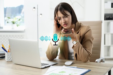 Image of Young woman recording voice message via smartphone in office. Illustration of microphone and sound waves