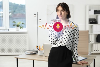 Image of Young woman recording voice message via smartphone in office. Illustration of microphone and sound waves