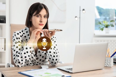 Image of Young woman listening to voice message via smartphone in office. Illustration of microphone and sound waves