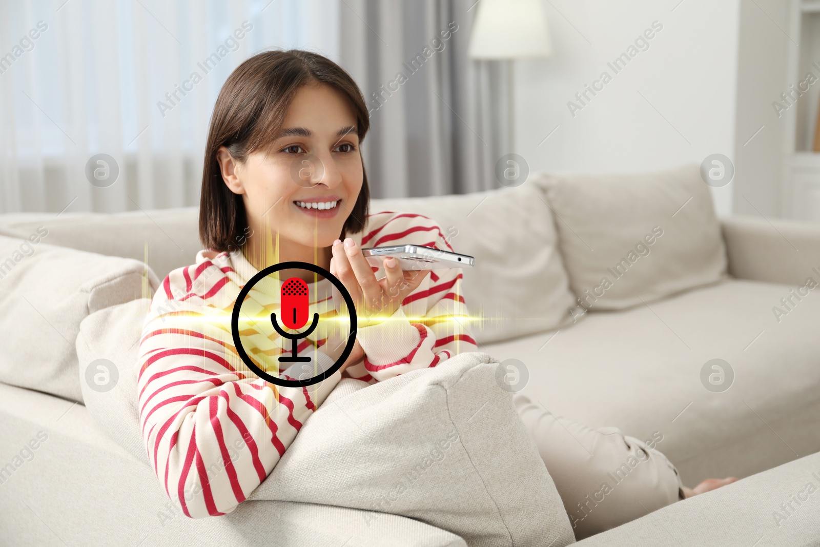 Image of Young woman recording voice message via smartphone at home. Illustration of microphone and sound waves