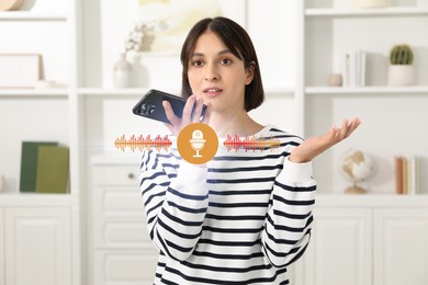 Image of Young woman recording voice message via smartphone at home. Illustration of microphone and sound waves