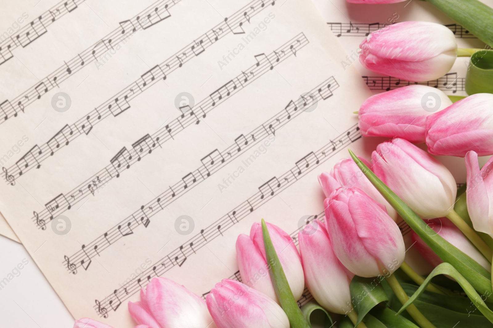 Photo of Beautiful tulips and sheets with music notes on white table, flat lay