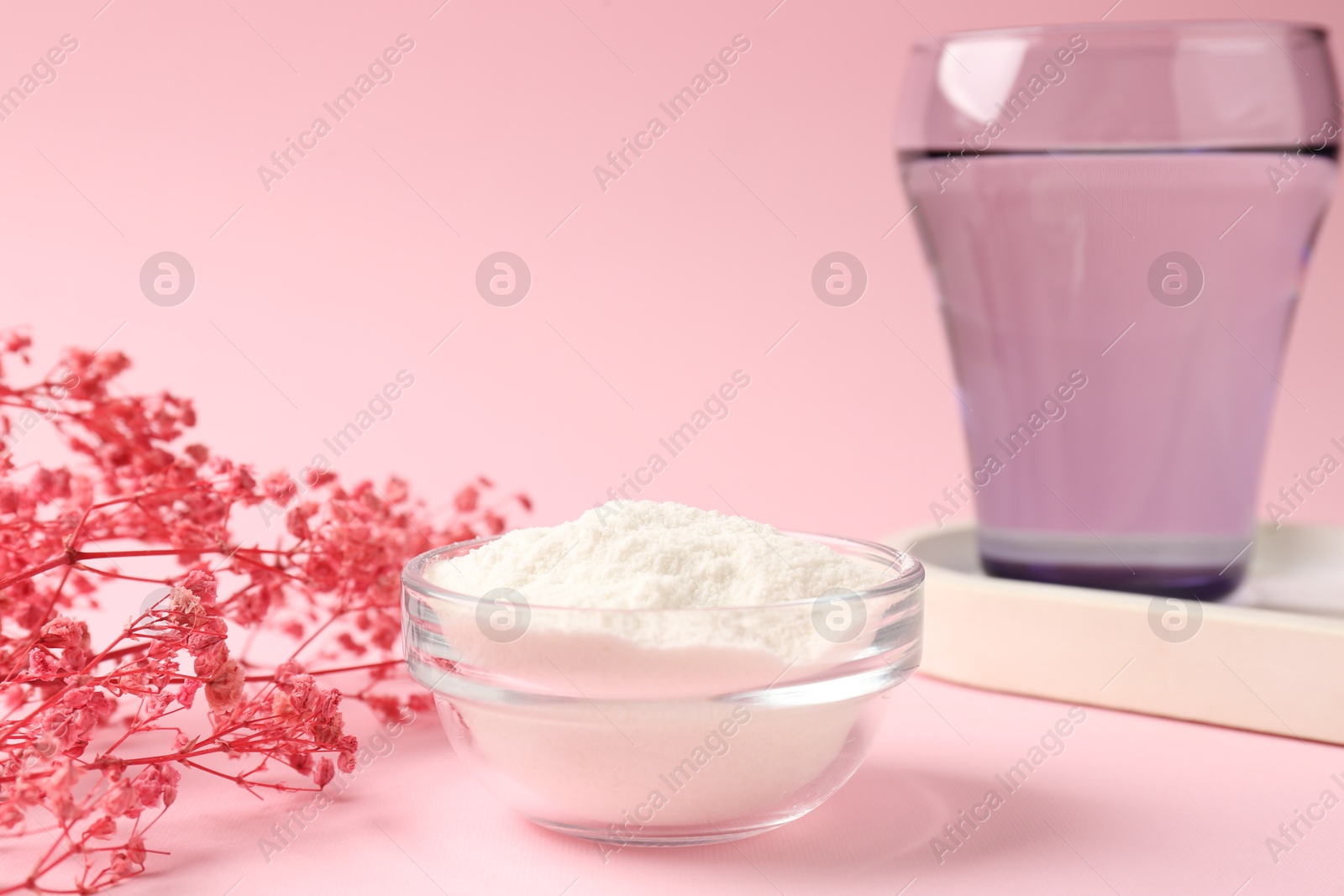 Collagen powder in bowl, glass of water and gypsophila branches on pink background, closeup Photo of Collagen powder in bowl, glass of water and gypsophila branches on pink background, closeup
