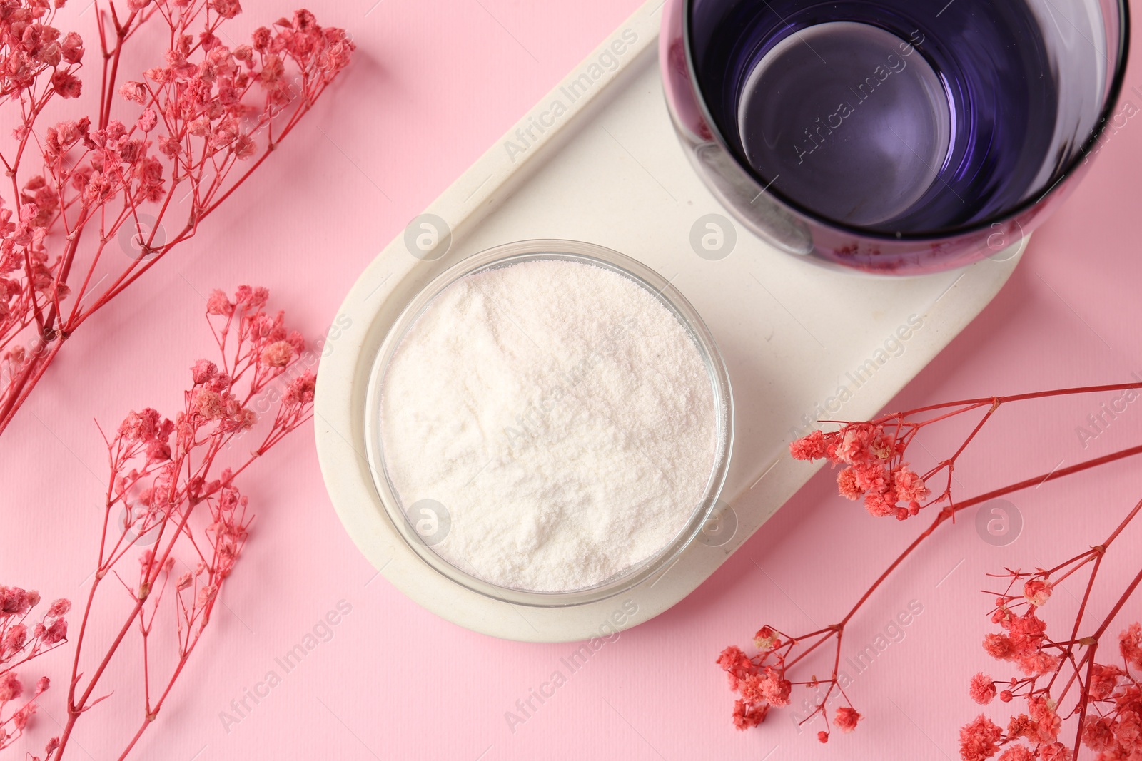 Collagen powder in bowl, glass and gypsophila branches on pink background, flat lay Photo of Collagen powder in bowl, glass and gypsophila branches on pink background, flat lay
