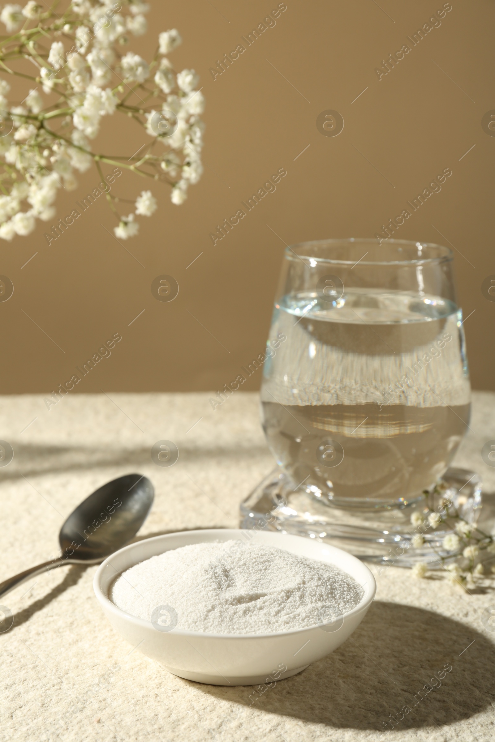 Collagen powder in bowl, spoon, glass of water and gypsophila branches on light textured table against beige background, closeup Photo of Collagen powder in bowl, spoon, glass of water and gypsophila branches on light textured table against beige background, closeup