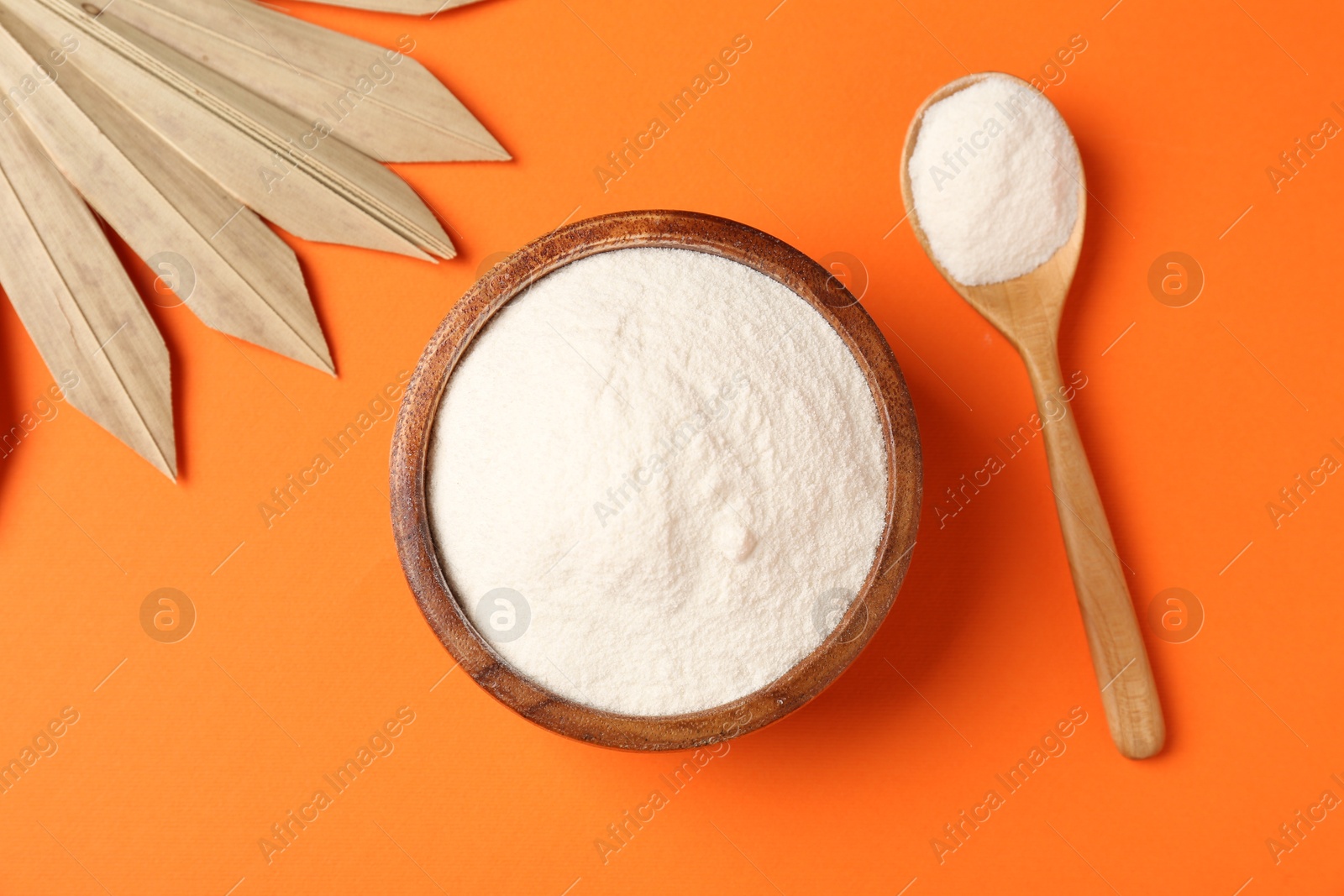 Collagen powder in bowl, spoon and dry palm leaf on orange background, flat lay Photo of Collagen powder in bowl, spoon and dry palm leaf on orange background, flat lay