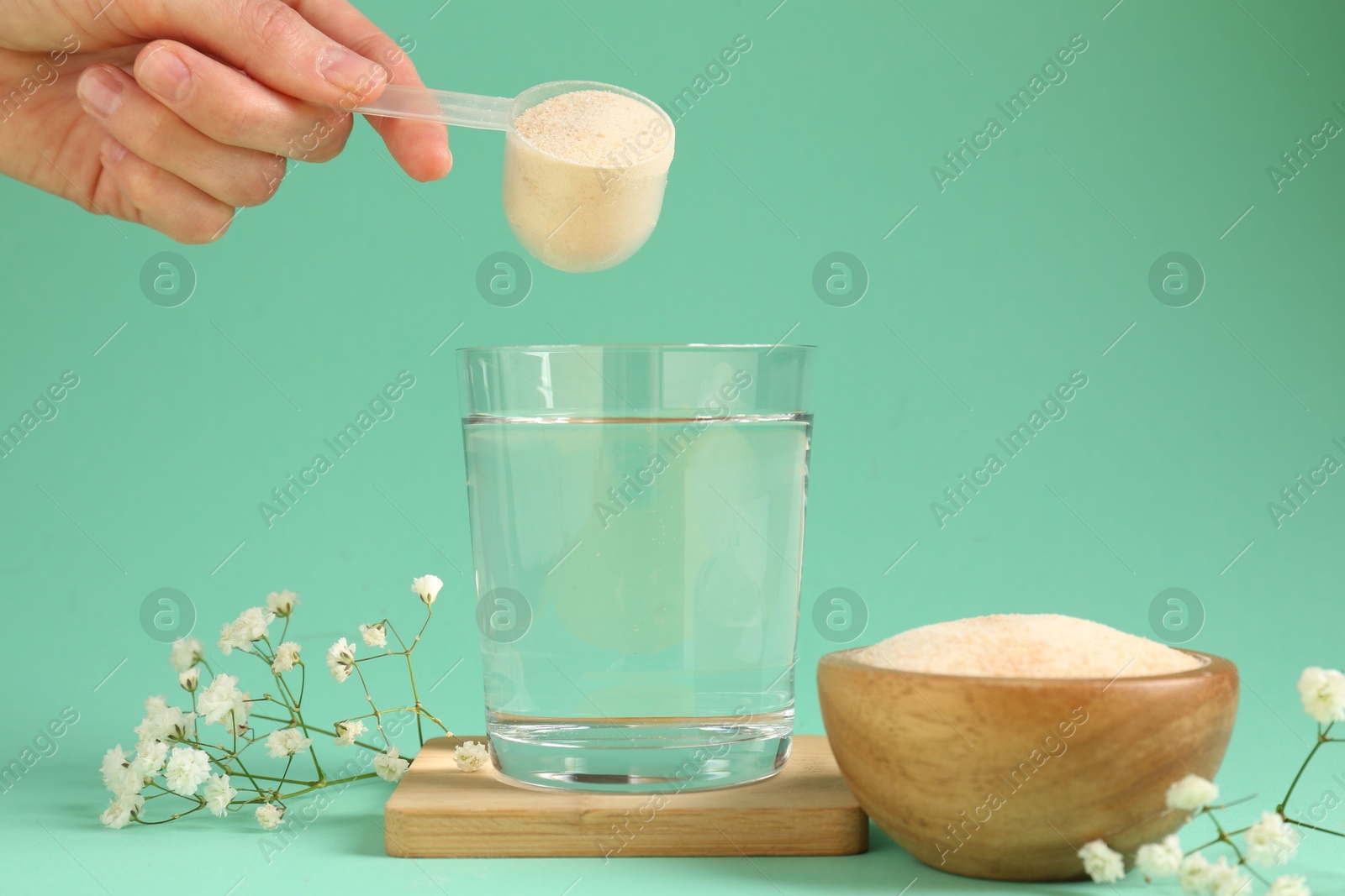 Woman adding collagen powder into glass with water on turquoise background, closeup Photo of Woman adding collagen powder into glass with water on turquoise background, closeup