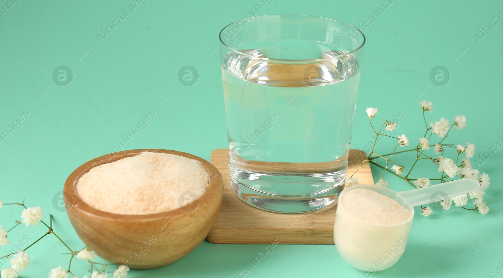 Collagen powder in bowl, scoop, glass of water and gypsophila flowers on turquoise background, closeup Photo of Collagen powder in bowl, scoop, glass of water and gypsophila flowers on turquoise background, closeup