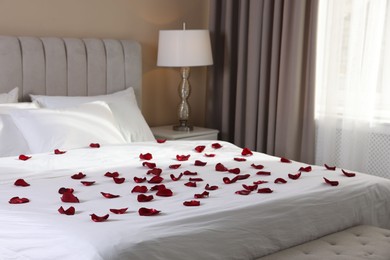 Photo of Many beautiful rose petals on bed indoors