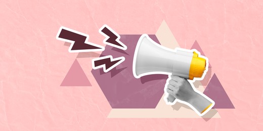 Image of Lightning bolts flying out of megaphone in woman's hand on pink background, creative art collage. Special occasion, announcement, sale or rumors