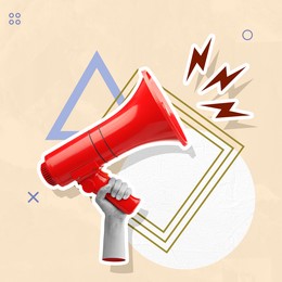 Image of Lightning bolts flying out of megaphone in woman's hand on beige background, creative art collage. Special occasion, announcement, sale or rumors