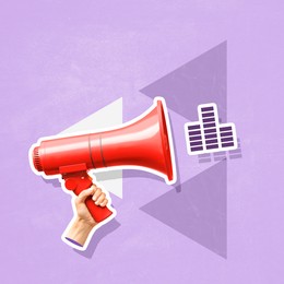 Image of Equalizer flying out of megaphone in woman's hand on violet background, creative art collage