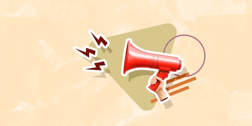 Image of Lightning bolts flying out of megaphone in woman's hand on beige background, creative art collage. Special occasion, announcement, sale or rumors