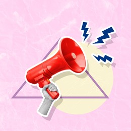 Image of Lightning bolts flying out of megaphone in woman's hand on pink background, creative art collage. Special occasion, announcement, sale or rumors