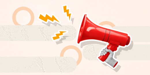 Image of Lightning bolts flying out of megaphone in woman's hand on beige background, creative art collage. Special occasion, announcement, sale or rumors