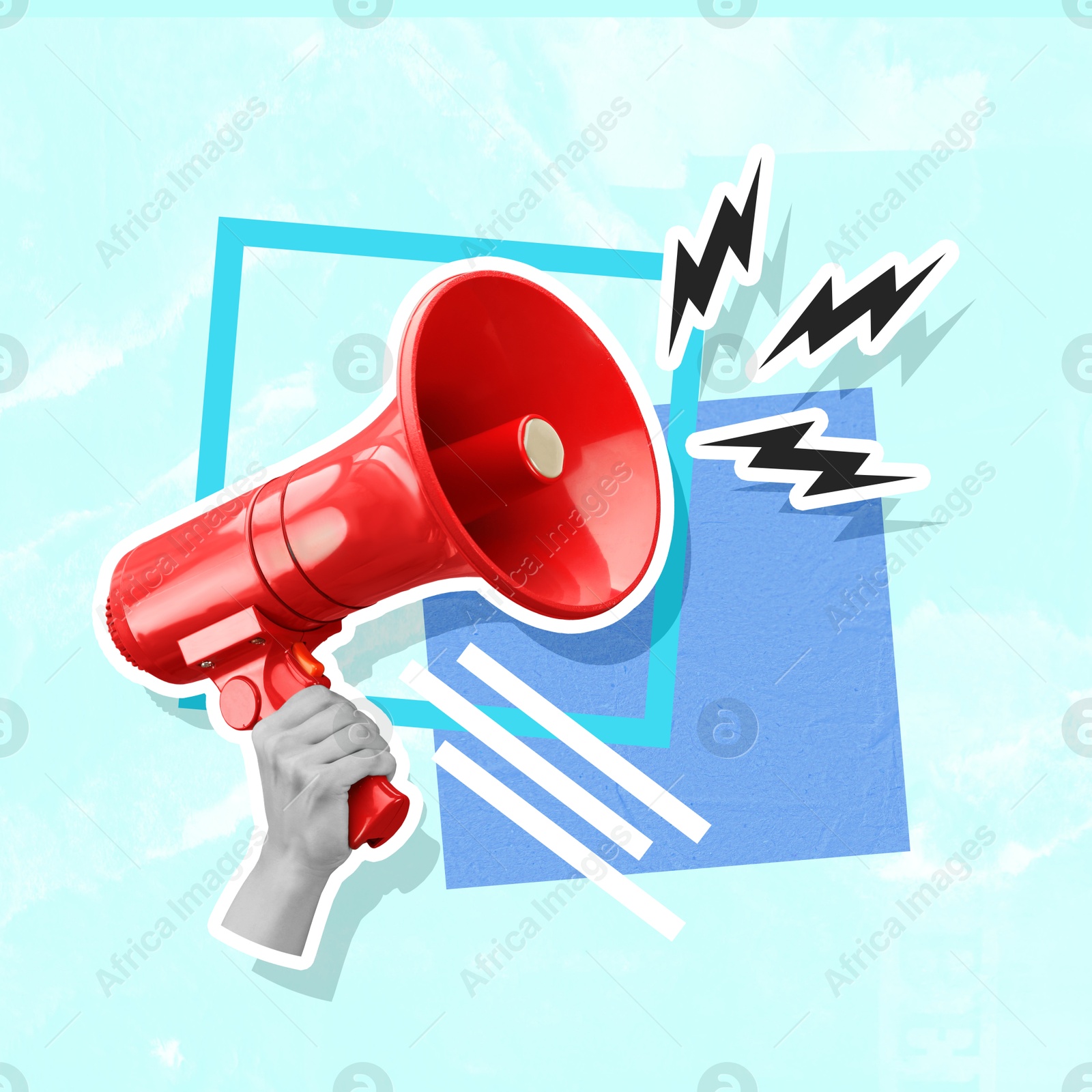 Image of Lightning bolts flying out of megaphone in woman's hand on light blue background, creative art collage. Special occasion, announcement, sale or rumors