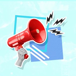 Image of Lightning bolts flying out of megaphone in woman's hand on light blue background, creative art collage. Special occasion, announcement, sale or rumors