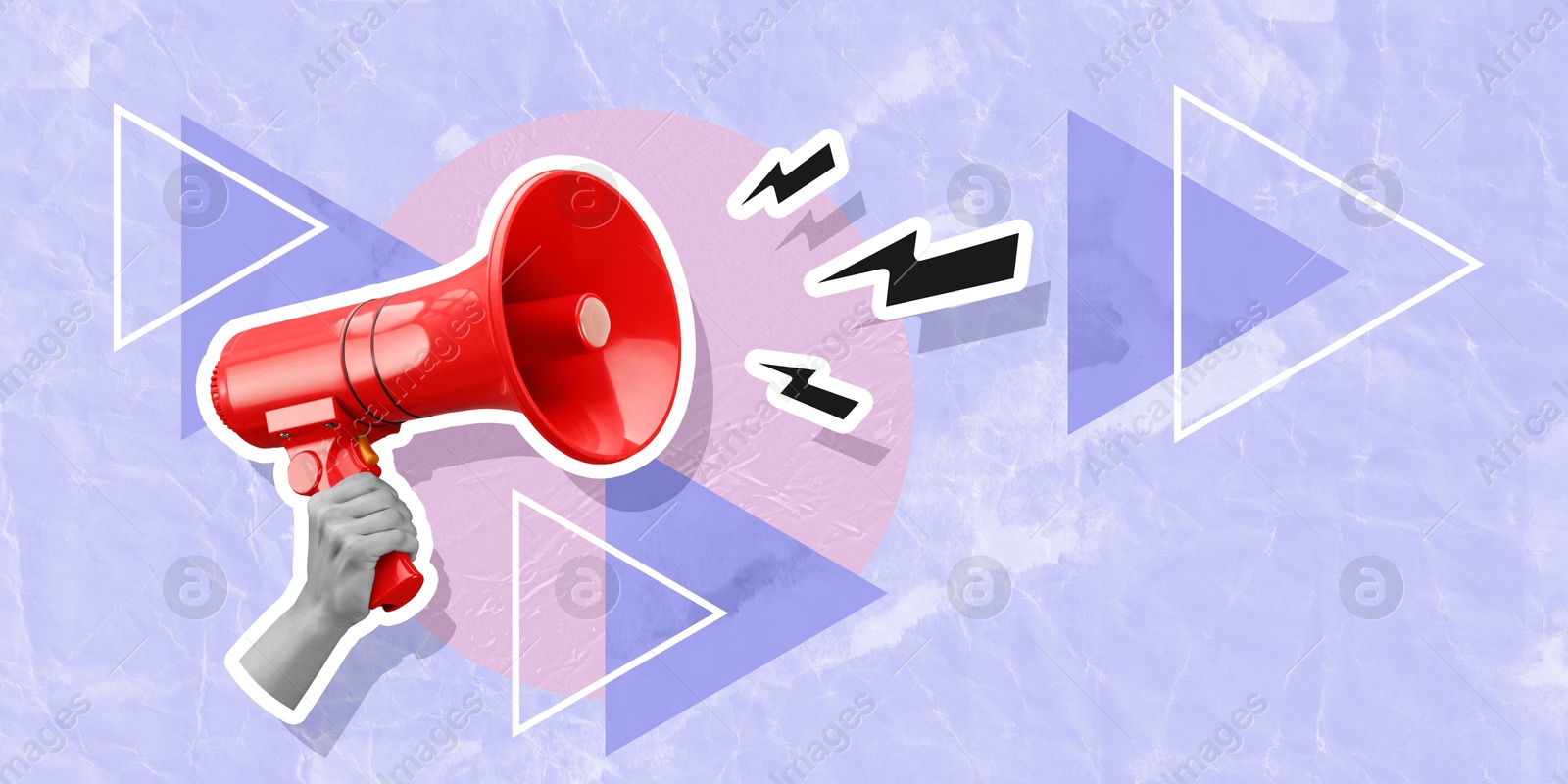 Image of Lightning bolts flying out of megaphone in woman's hand on color background, creative art collage. Special occasion, announcement, sale or rumors