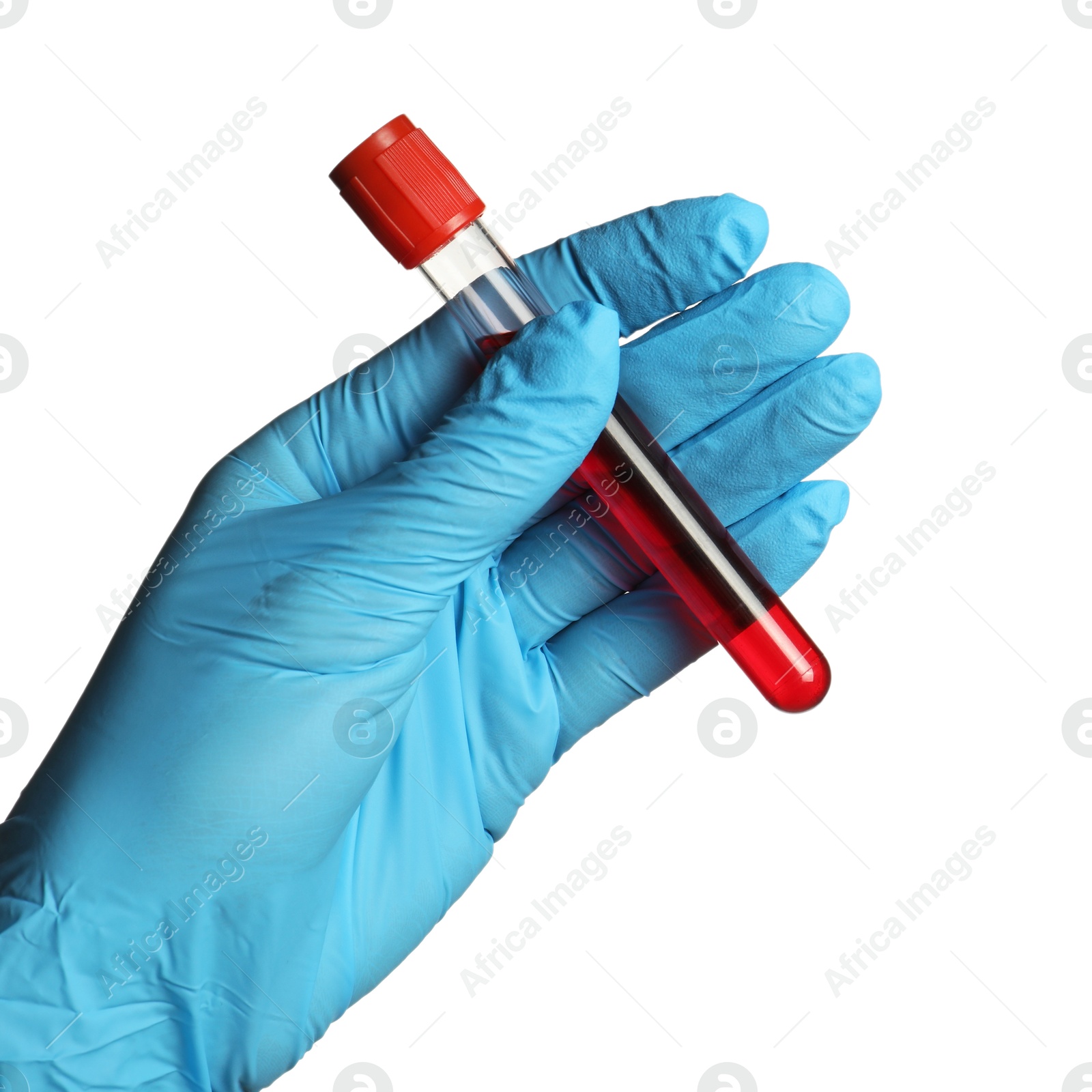 Photo of Doctor in medical glove holding test tube with blood sample on white background, closeup