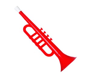 Red toy horn isolated on white. Child's musical instrument