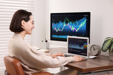 Photo of Stock exchange. Woman analysing financial market on laptop at wooden table indoors