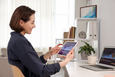 Photo of Stock exchange. Woman analysing financial market on tablet at white table indoors