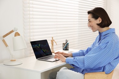 Photo of Stock exchange. Woman analysing financial market on laptop at white table indoors