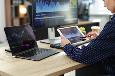 Photo of Stock exchange. Woman working at desk in office, closeup