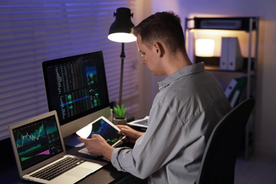 Photo of Stock exchange. Man working in office at night