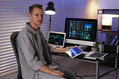 Photo of Stock exchange. Man working in office at night