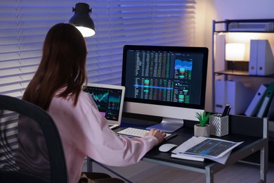 Photo of Stock exchange. Woman working in office at night, back view