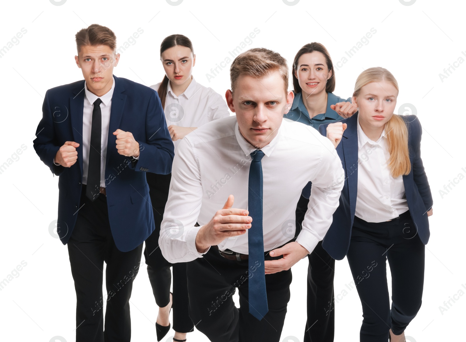 Photo of Competition concept. Group of businesspeople running on white background