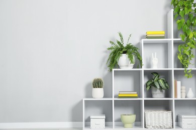 Photo of Shelving unit with green houseplants and other decor near light grey wall indoors, space for text