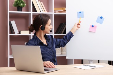 Photo of Online speaker in headset performing webinar near flip chart indoors