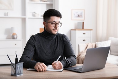 Photo of Man taking notes during online lesson at desk indoors. Self-study