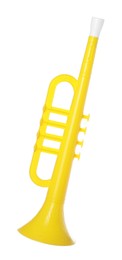 Photo of Yellow toy horn isolated on white. Child's musical instrument