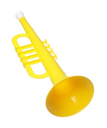 Photo of Yellow toy horn isolated on white. Child's musical instrument