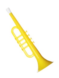 Photo of Yellow toy horn isolated on white. Child's musical instrument