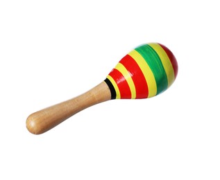 Photo of Colorful toy maraca isolated on white. Child's musical instrument