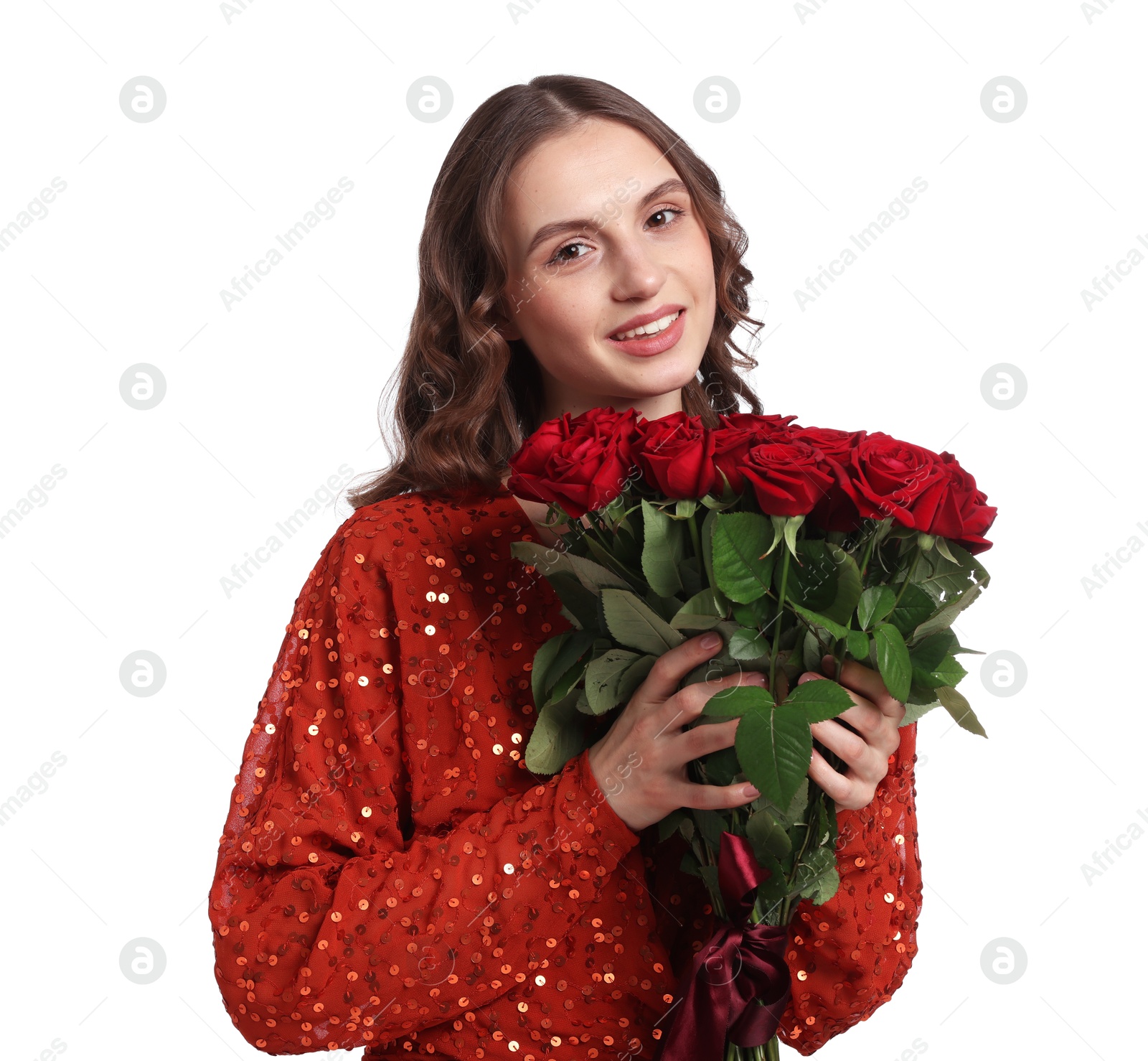 Photo of Smiling woman with bouquet of roses on white background