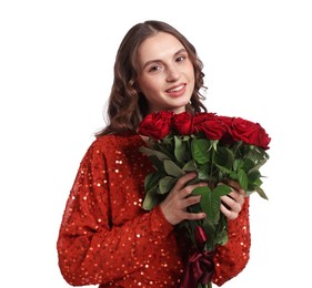 Photo of Smiling woman with bouquet of roses on white background