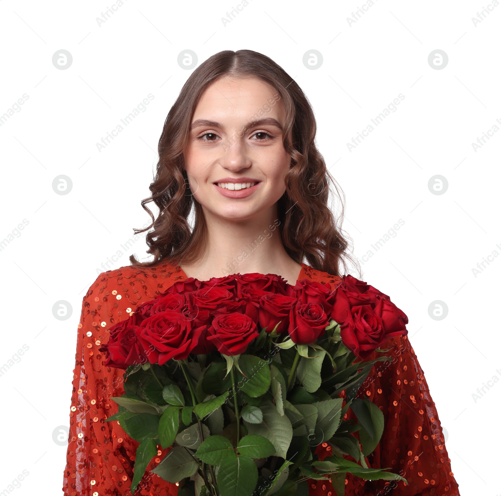 Photo of Smiling woman with bouquet of roses on white background