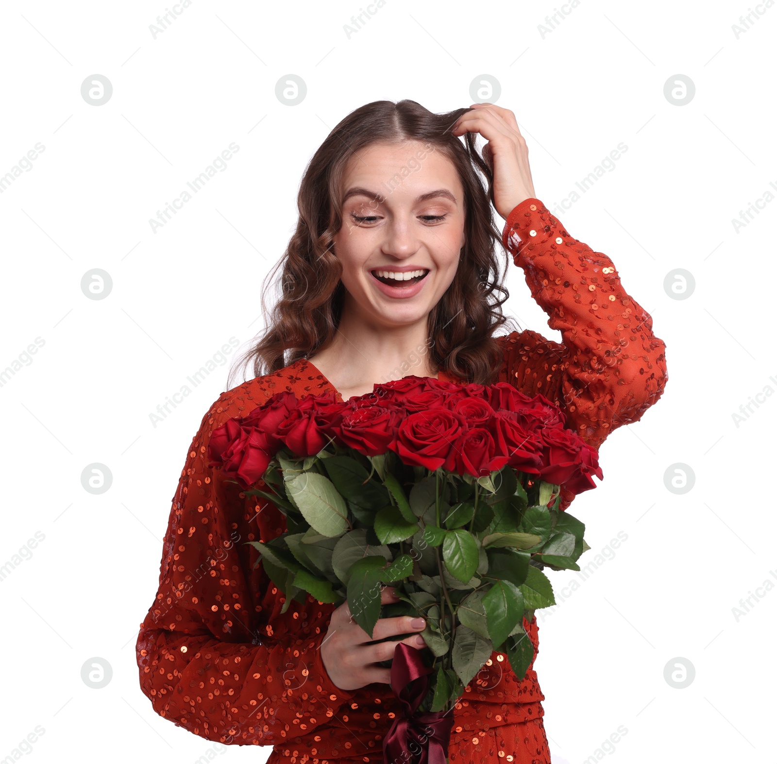 Photo of Happy woman with bouquet of roses on white background