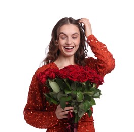 Photo of Happy woman with bouquet of roses on white background