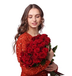 Photo of Smiling woman with bouquet of roses on white background