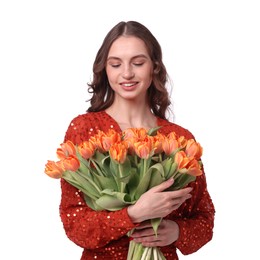 Photo of Smiling woman with bouquet of tulips on white background