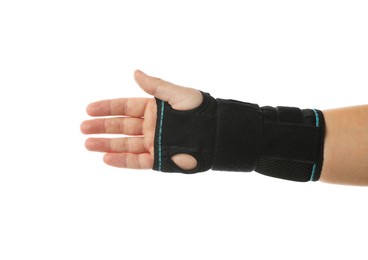 Photo of Injured woman with wrist brace on white background, closeup