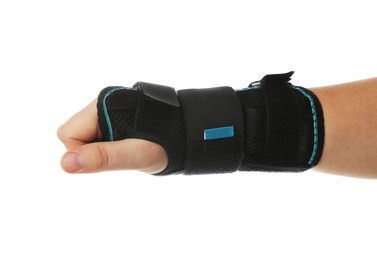 Photo of Injured woman with wrist brace on white background, closeup