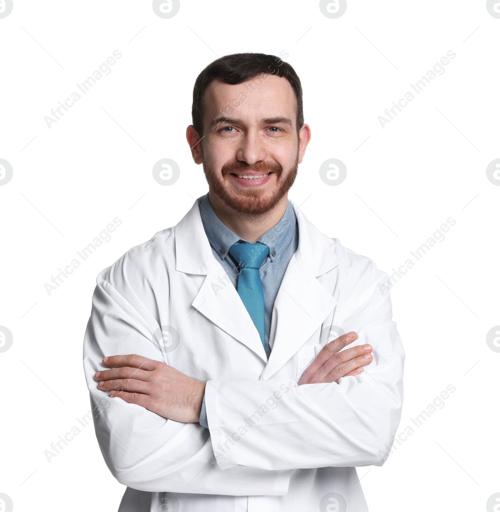 Photo of Portrait of professional dentist on white background