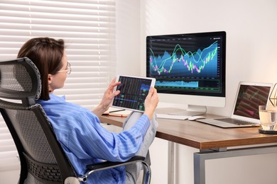 Photo of Stock exchange. Woman analysing financial market on tablet at wooden table indoors